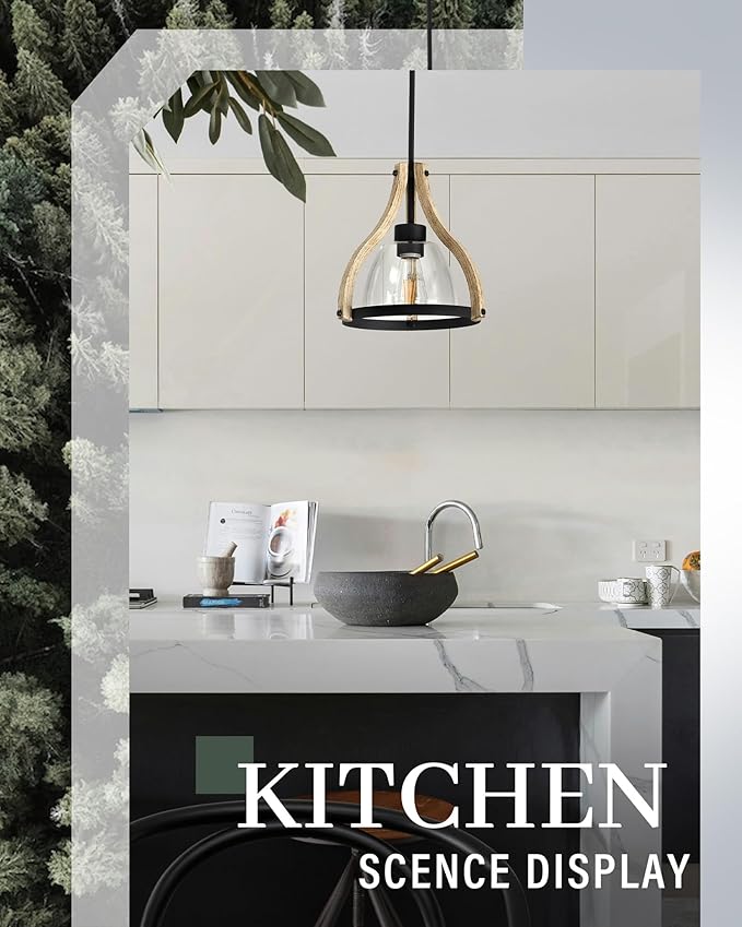Pendant Light Fixtures, Farmhouse Wood and Glass Pendant Lighting for Kitchen Island, Rustic Pendant Lights, Height Adjustable, MD89437