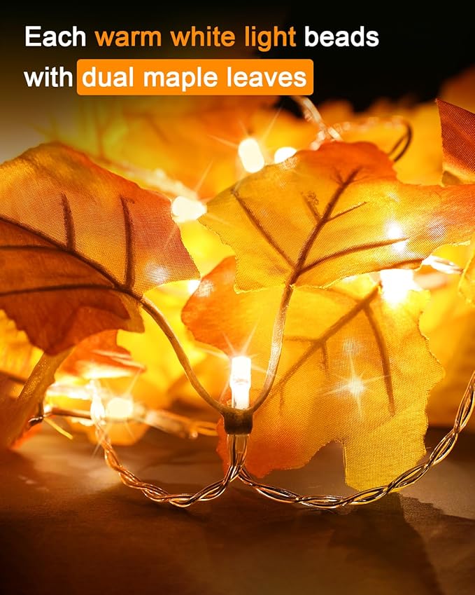 Fall Decor 2 Pack Lighted Fall Garland, Total 16.4ft 40 LED Thanksgiving Decorations Halloween String Lights, Friendsgiving Gift Thanksgiving Decor for Home Holiday Autumn Garland Indoor