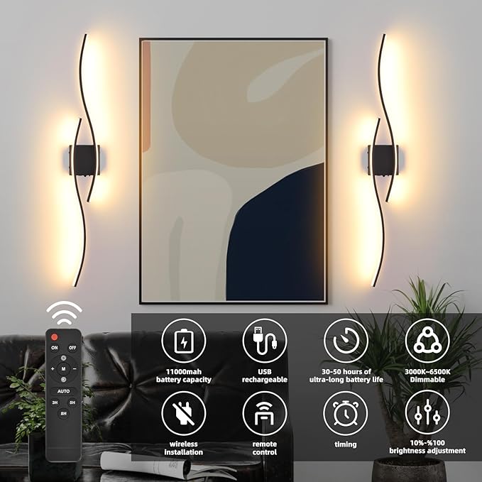 Battery Operated Wall Sconces Set Of Two, 3000K-6500K 39 inch black LED dimmable wireless wall sconce with remote control, USB rechargeable wall lights for Living Room Bedroom Hallway Background