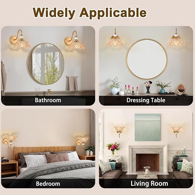 1 Piece Vintage Wall Sconce with Floral Amber Glass Shade, Matte Deep Brass Finish Wall Sconce for Bathroom,Vintage Amber Bathroom Vanity Light Fixture
