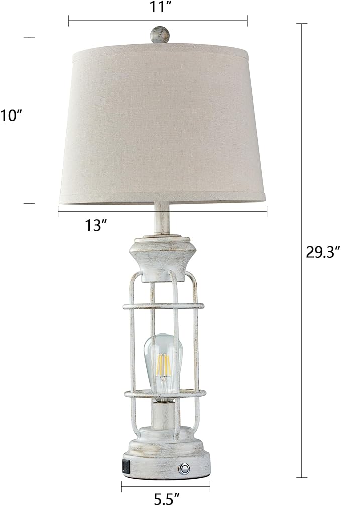 28" Farmhouse Table Lamp Set of 2 with USB Charging Ports, Tall Table Lamp for Living Room,3-Way Dimmable Lamps for Bedroom, Rustic Bedside Lamp, Industrial Nightstand Lamps,Bulbs Included