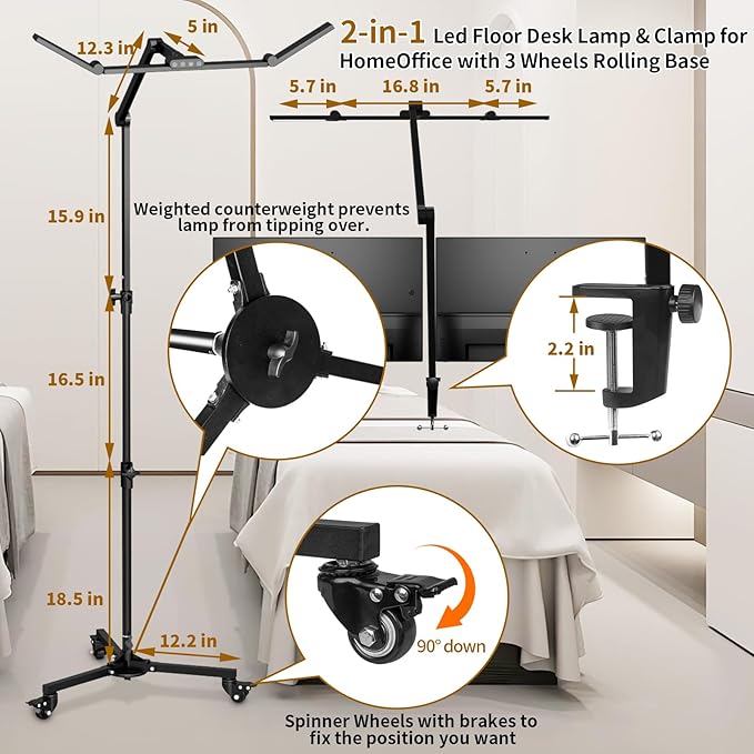 HITTI Lash Light for Eyelash Tech, 2-in-1 LED Floor Light and Clamp, Bright Foldable Half Moon Light, Stepless Dimming 3 Color Estheticians Light, Lash Lamp for Extensions Artists Tattoo Nail
