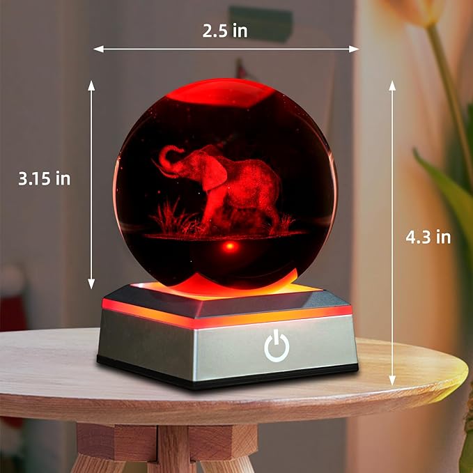 3D Elephant Crystal Ball Night Light 3.15 inch Glass Ball Table Lamp with Color Changing Touch Base Decor Ideal Elephant Gifts for Women Men Kids Christmas Birthday