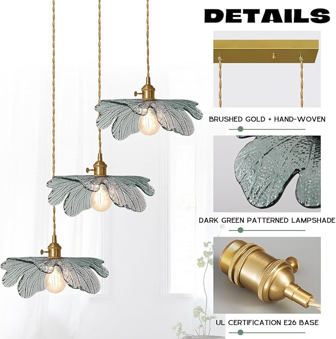 Island Pendant Lights for Kitchen 3 Light Modern Pendant Light Hand Blown Large Glass Chandelier Gold Pendant Light Vintage Chandelier with Dark Green Glass Shade for Dining Room Bedroom