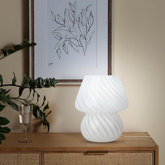 HonoDing Small Mushroom Lamp, Cute Striped Glass Bedside lamp, Vintage Style Desk Lamps, Bedside Lamps for Bedrooms, Reading Rooms, Living Room Decor