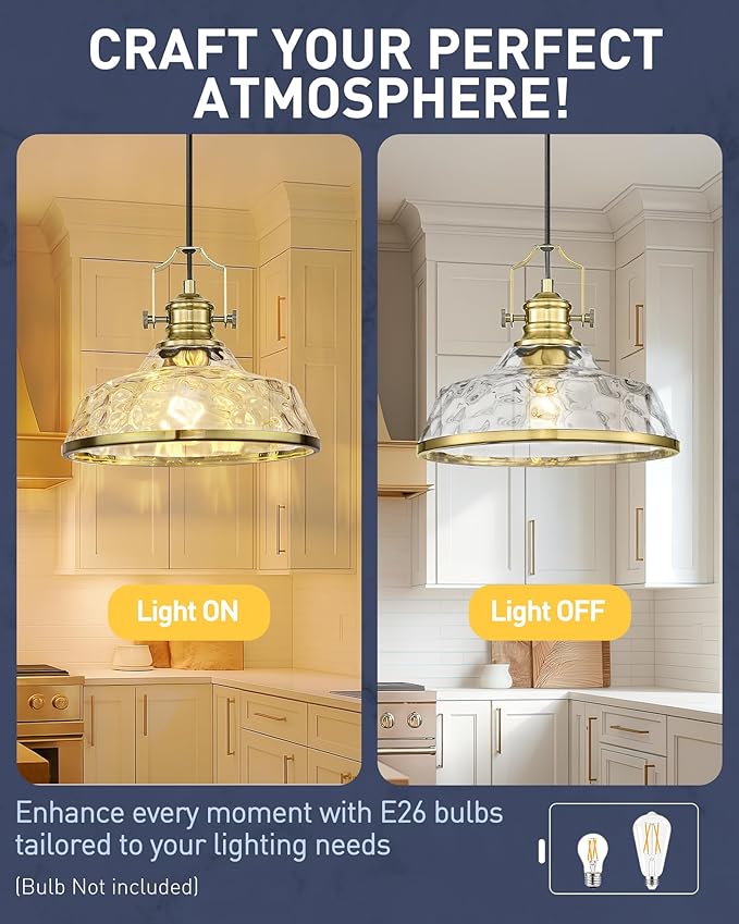 kudos 2 Pack Gold Pendant Lights Kitchen Island, 11" Brass Kitchen Island Lighting with Hammered Glass Shade, Farmhouse Hanging Light Fixture for Kitchen Sink Dining Room Hallways, KDPL13-GD-H-2PK