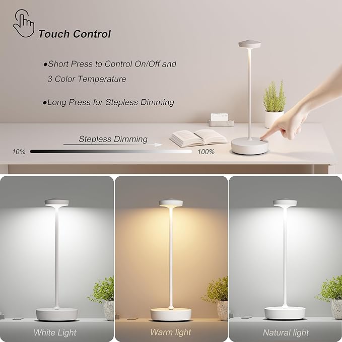 1 Pack Cordless Table Lamp Rechargeable - LED Battery Table Light with 3 Color Temperatures, Stepless Dimming, Waterproof Aluminum for Indoor Outdoor, Patio, Restaurant, Dinner (White)