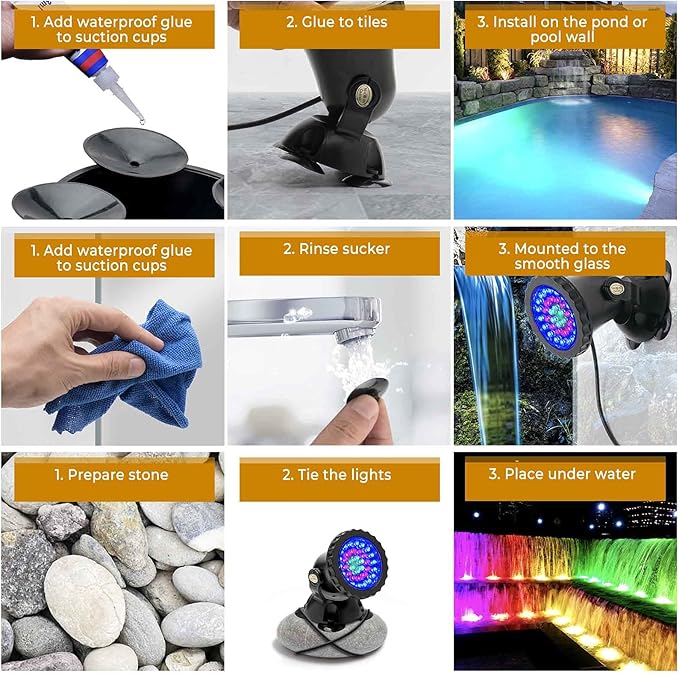 SHOYO Fountain Lights Colored with Timer, Pond Lights Underwater Submersible Memory Dimmable IP68 Waterproof Spotlights for Outdoor Garden Yard Lawn Water Pond Fountain, 8 in Set