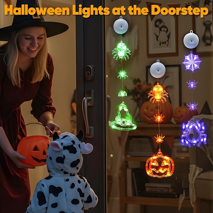 suddus 3 Pack Halloween Lights Battery Operated with Timer, Orange Pumpkin Violet Spider Green Witch Hat Halloween Decor Window Lights with Suction Cup for Home Indoor Party Decorations