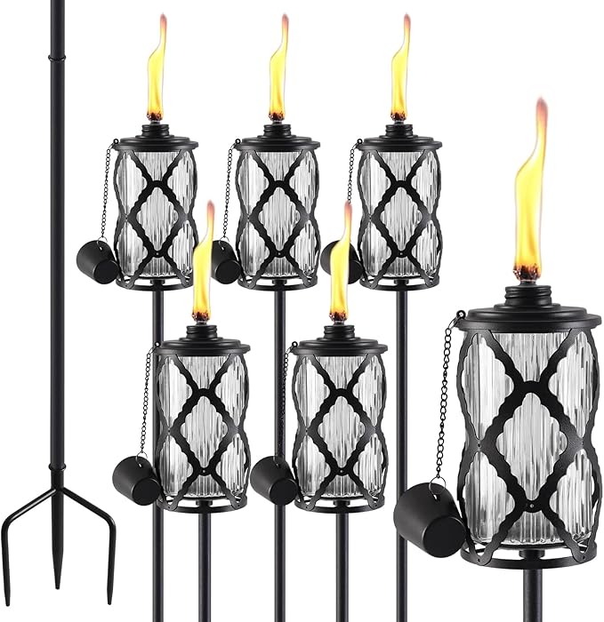 6 Pack Glass Citronella Torches, 16 oz Garden Torch for Outside, 55 inch Outdoor Clear Glass Citronella Torches with 3-Prong Grounded Stake for Garden, Patio, Party, Landscape Decor