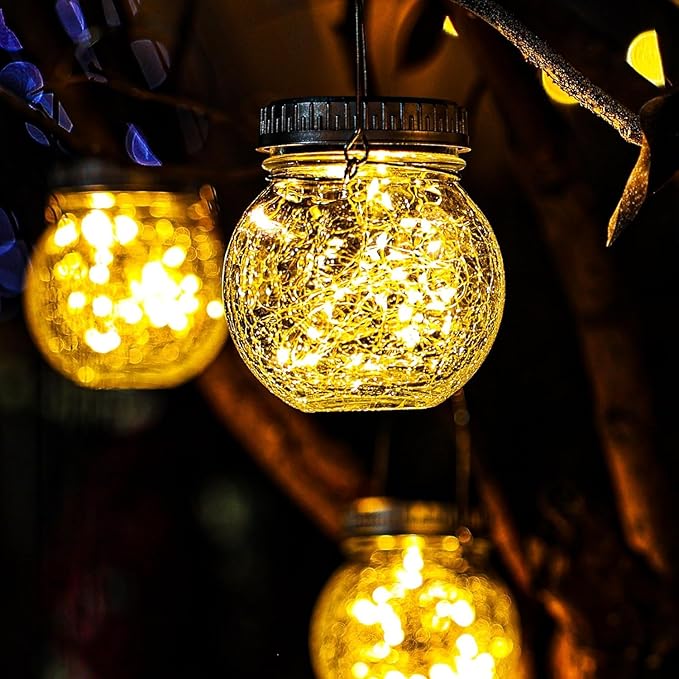 Cooo Crackle Glass Solar Lantern with 30 LED Firefly Lights– Landscape Lighting Path Lights, Anti-Rust Lids Decorative Lighting for Garden Patio Table (Hanging Crackle Lantern, 12)