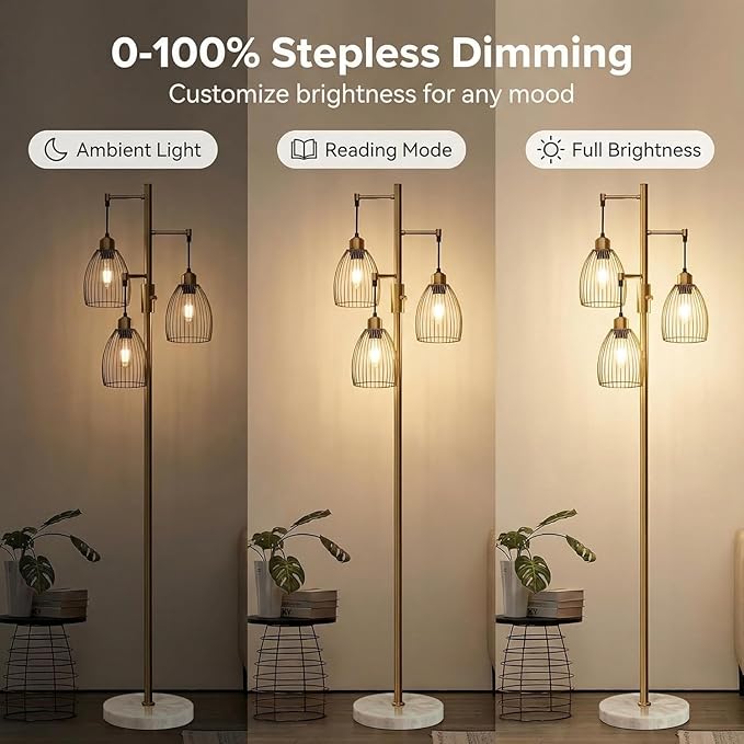 Torondo Dimmable Floor Lamps for Living Room, Industrial Standing Lamp with Marble Base, Antique Brass Tree Tall Pole Light with 3 Elegant Teardrop Cage Head & 800 Lumens LED Bulbs for Bedroom Office