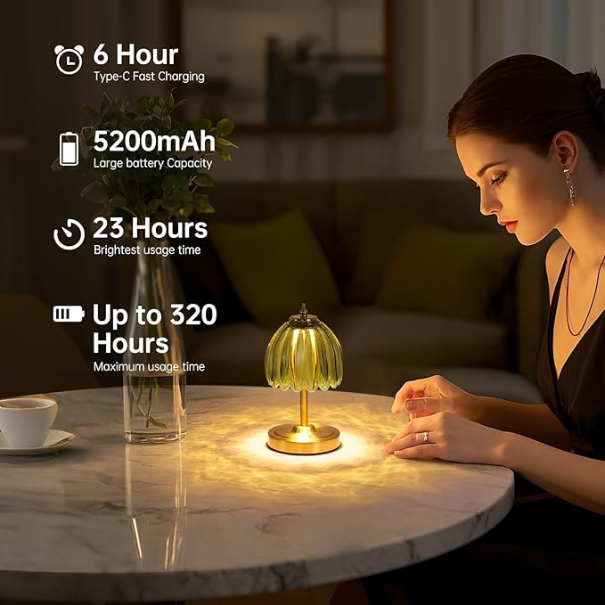 Tulip Small Table Lamp, 5200mAh Cordless Touch Control Mini Table Lamp with 3 Color Temps & Stepless Dimming, Perfect for Small Spaces Like Dressers, Bedsides, Bookshelves (Green Tulip)