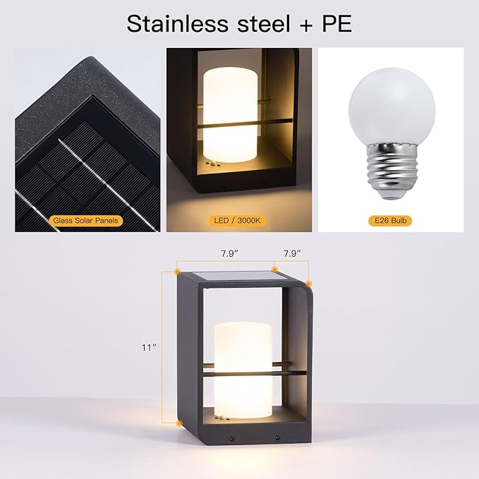 11" Tall Solar Lanterns, 3000K LED Outdoor Table Lamp Waterproof, Modern Solar Floor Lamp, Landscape Outdoor Lights Solar Powered Lantern, Dusk to Dawn Patio Light for Yard Deck Path Garden Pool