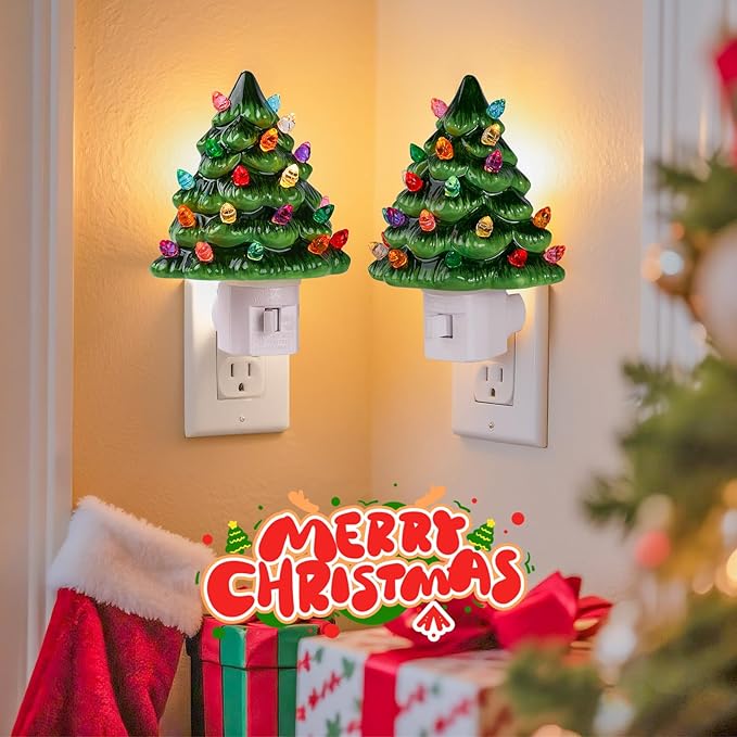 Brightown Ceramic Christmas Tree Night Light - 2 Pack 5.2" Christmas Decorative Ceramic Tree with ON/Off Switch, Vintage Christmas Night Light for Bedroom Bathroom Living Room Porch Holiday Decor