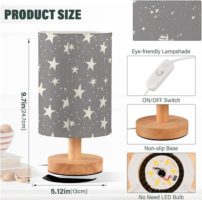 Hand Draw Stars on Grey Background Bedside Table Lamps with USB Port for Bedroom Lamp Small Nightstand Lamp Sturdy Linen Shade Wooden Base Decorative Lamps for Kids Reading Dorm Home