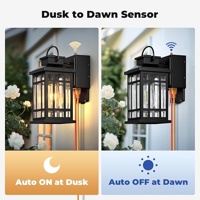 Exterior Lighting Fixtures with GFCI Outlet, Black Dusk to Dawn Outdoor Lights with Bubble Glass, Anti-Rust Outside Wall Sconce Lantern for Garage Coach, Patio Wall Light Fixture with Outlet