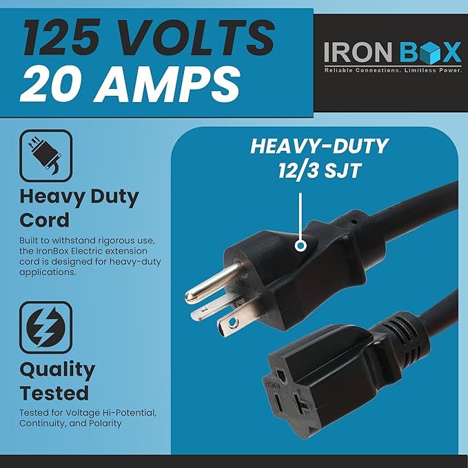 IronBox Electric NEMA 5-20P to 5-20R Extension Cord - 20A, 125V, 12/3 SJT Jacket - Heavy Duty Outdoor Generator Cords & Plugs - UL Listed Extension Cable for Data Centers, Camper & More (15ft, Molded)