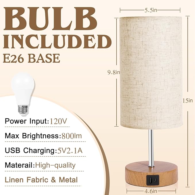 Bedside Table Lamp for Bedroom - 4 Way Dimmable Touch Lamp with USB and Type-C Charge Port,Small Wood Base Round Flaxen Fabric Shade Lamp Living Room,Bedroom Use (Yellow Base, 2Pack)