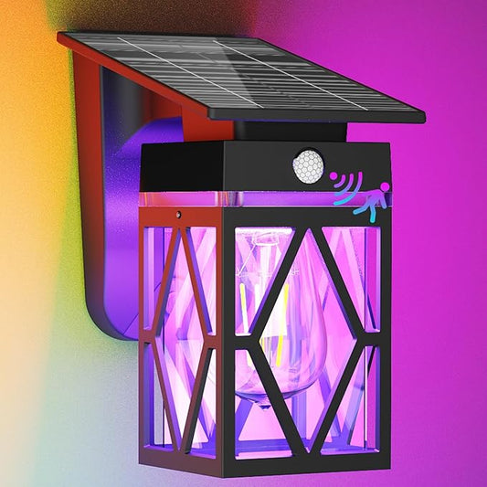 RGB Solar Wall Lights Outdoor, Dusk to Dawn & Motion Sensor Porch Light with Diamond Shape, 10 Modes (RGB Cycle/Fixed) IP65 Waterproof, E26 Bulb Exterior Sconce for Front Porch, Garage, Patio