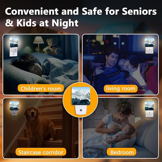 Bear Mountains Night Light, Plug-into Wild Animals Forest Nightlight White LED Lamp, Energy Efficient Decor Desk Lamp for Bedroom Hallway Stairs Bathroom