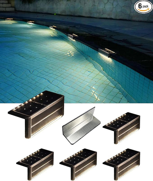 Solar Pool Lights, Poolside Lights for Inground Pool, Ultra-Thin 2-Way LEDs for Edge & Deck, Heavy Duty Stainless Steel Outdoor Waterproof for Swimming (Warm White, 6PK)