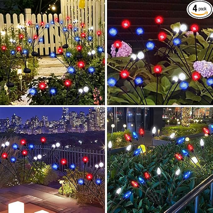 Solar Powered Garden Lights, Red White Blue Firefly Branch Lights, LED Decorative Stake Lights for Outdoor Pathway, Lawn, Patio (Diamond Style, 4)