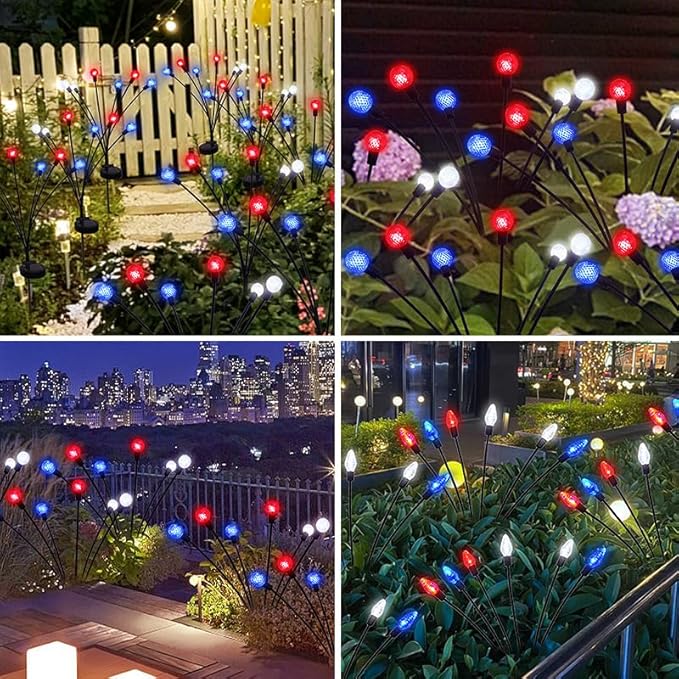 Solar Powered Garden Lights, Red White Blue Firefly Branch Lights, LED Decorative Stake Lights for Outdoor Pathway, Lawn, Patio (Round Ball Style, 4)