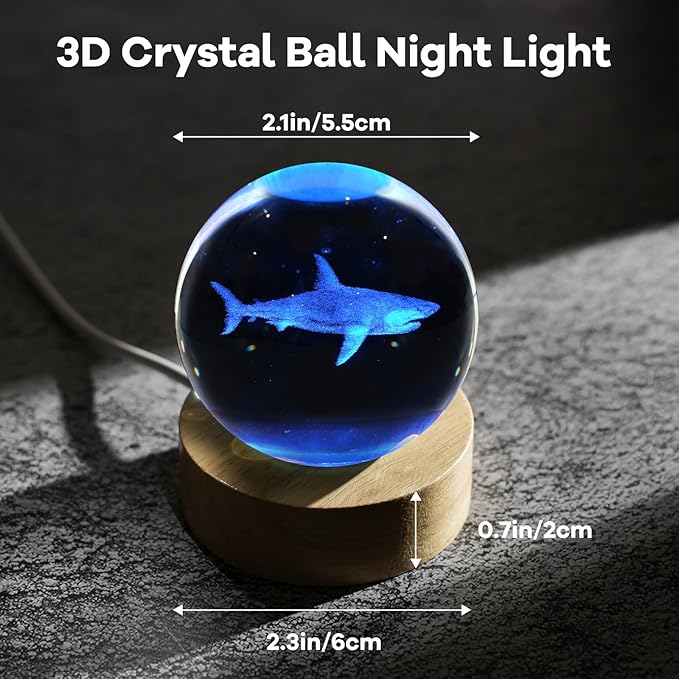 3D Crystal Ball Night Light 2.4in Shark Figurines Decor Table Lamp With 16 Colors Change - Stuff for Room Birthday Christmas Toys Gifts for Kids Friends Women Shark Lovers