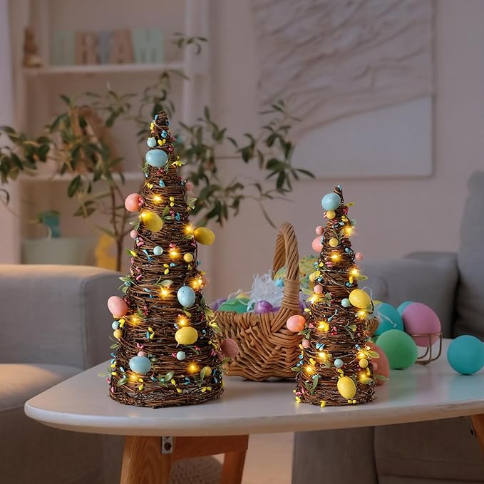 Soulchen 2 Pcs Easter Rattan Cone Tree Decoration Artificial Table Tree with Pastel Berries LED Lights for Easter Porch Kitchen Mantle Table Decor Spring Centerpiece Decorations