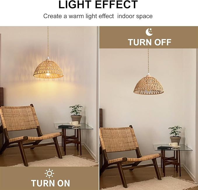 Farmhouse Wicker Pendant Light, 1-Light Boho Rattan Chandelier Light Fixture, Ceiling Hanging with Woven Lampshade, for Kitchen Bedroom Island Hallway, ETL Listed