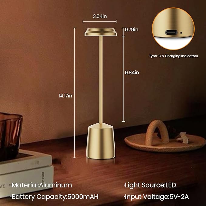 Aluminum LED Cordless Gold Table Lamps Set of 2, Portable Rechargeable 5000mAh Battery Operated Table Light, 3 Color Stepless Dimming Touch Control, Desk Lamp for Dinner/Restaurant/Bars/Coffee Shop