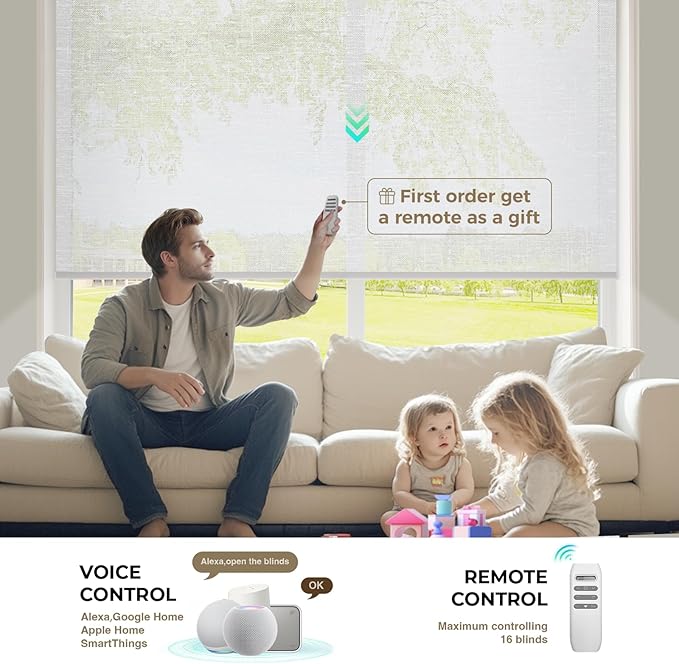 HeyBlinds Motorized Roller Shades, Smart Blinds for Windows, Remote Automatic Window Shades, Electric Shades, Light Filtering, Compatible with Alexa Google Apple Home (Starry-White LF)