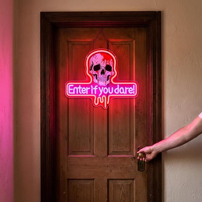 Enter If You Dare Neon Sign for Halloween Haunted House Décor,Skull LED Neon Light Wall Sign with Adjustable Brightness,USB Powered Spooky Neon Wall Art for Party Room Bar Bedroom Decoration