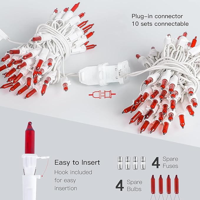 Hopolon 2PACK 50-Count Red Christmas Lights with White Wire - 13ft Connectable Mini Red String Lights Plug in for Anniversary, Christmas Tree, Wedding, Party Decor, Indoor & Outdoor Holiday Lighting
