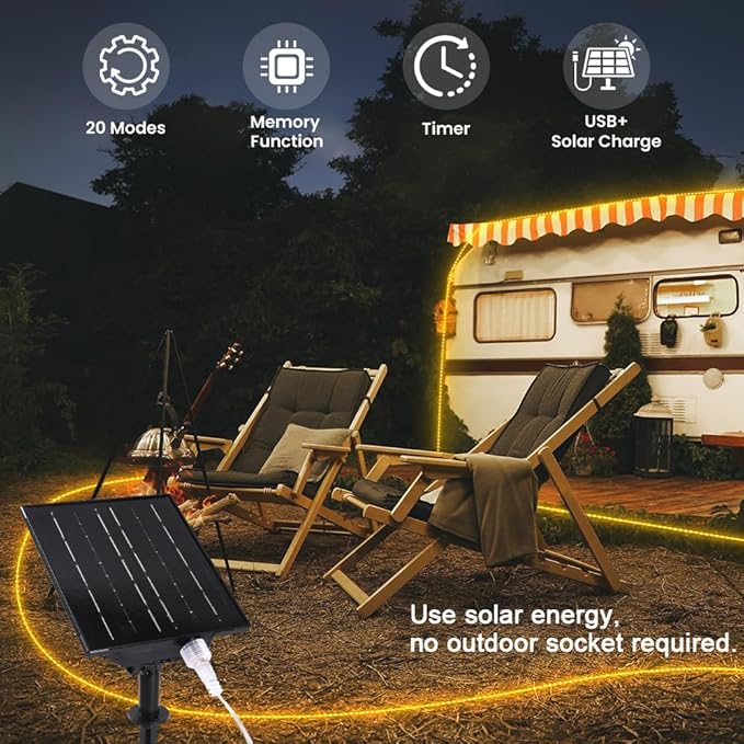 OMIKA 100ft 1200 LEDs Solar Rope Lights, USB Charging, 20 Lighting Modes, Dimmable Timer Remote Control, IP68 Waterproof for Outdoor Trees, Parties, Gardens, Weddings, Christmas Decorations