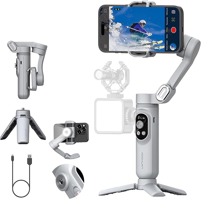 AOCHUAN Gimbal Stabilizer for Smartphone with Face/Object Tracking for iPhone 15 14 Pro Max Android,3-Axis Foldable Phone Gimbal w/Built-in Light,1/4 Threads for TikTok YouTube Vlogging(Smart X Grey)