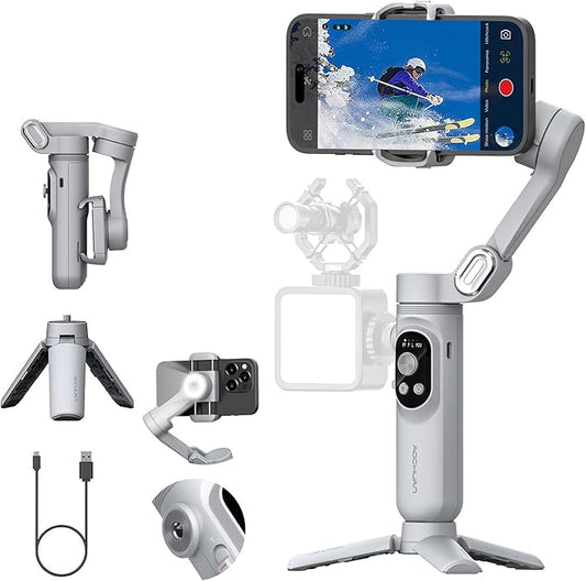 AOCHUAN Gimbal Stabilizer for Smartphone with Face/Object Tracking for iPhone 15 14 Pro Max Android,3-Axis Foldable Phone Gimbal w/Built-in Light,1/4 Threads for TikTok YouTube Vlogging(Smart X Grey)