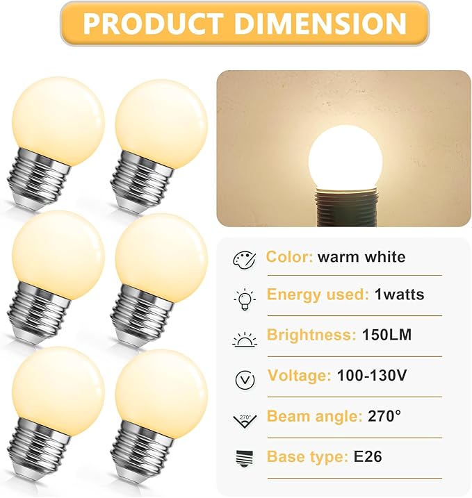 Flaspar Small G14 LED Globe Light Bulb, 1W G45 LED Vanity Bulb 15W Equivalent, Warm White 3000K E26 Base, Colored Light Bulbs for Bathroom Mirror Halloween Christmas Wedding Party Decor, 6 Pack