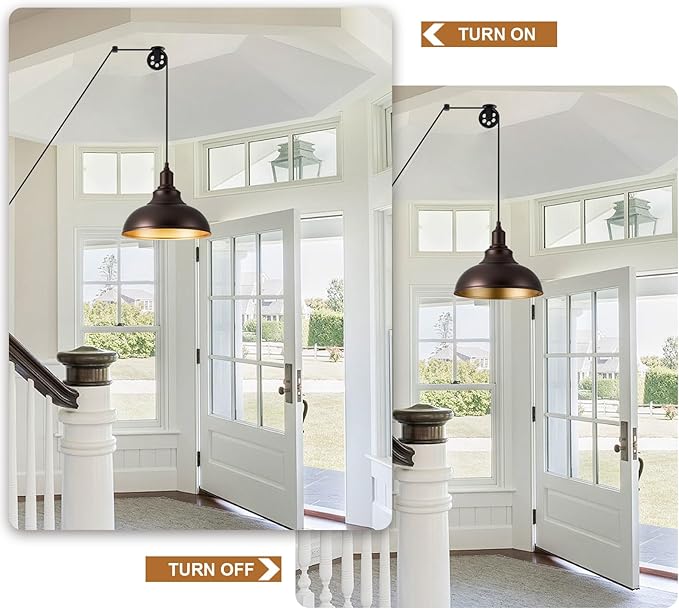 Oil Rubbed Bronze Pendant Light Hanging Lamps for Living Room Plug in 15FT Dimmable Switch Adjustable Pulley Hanging Lights with Cord for Kitchen Bedroom 2 Pack