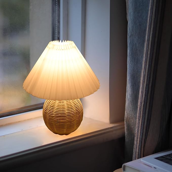 Korean Pleated Table Lamp Ins DIY Ceramic Table Lamps for Living Room Home Deco Cute Lamp with Tricolor Led Bulb Beside Lamp… Rattan and White