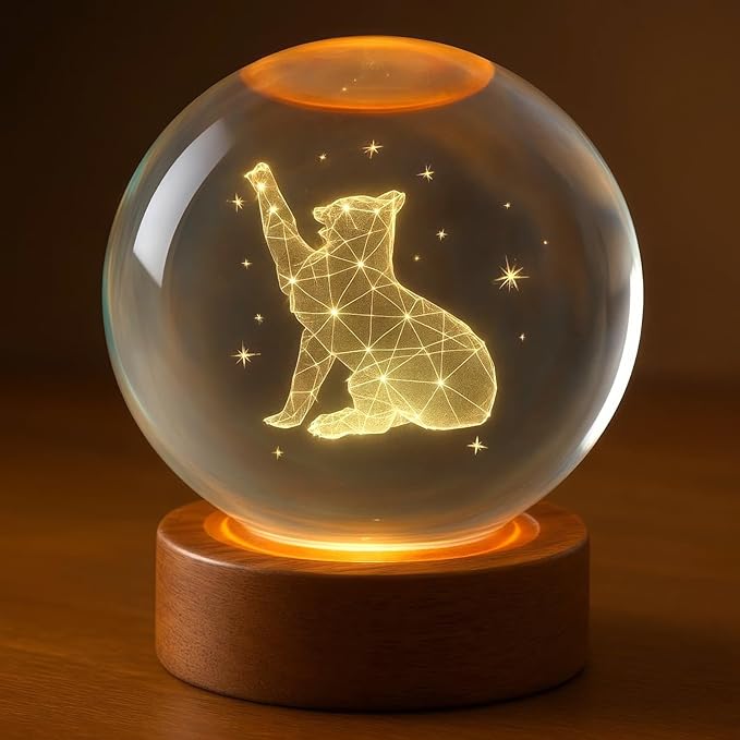 3D Cat Crystal Ball 3.15" with LED Lamp Colorful Wooden Base Night Light with Removable Glow Ball Color Changing Light with Remote as a Crystal Light for Boy Friends (6-Cat, 3.15" (Inch))