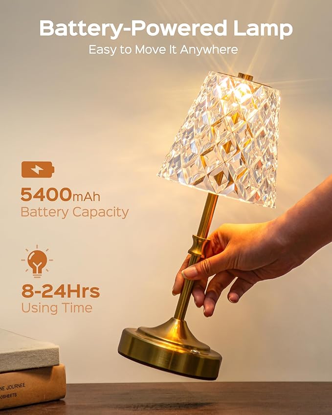 JACKYLED Cordless Lamp Rechargeable, Acrylic Crystal Lampshade, 3 Colors with Built-in Dimmer, 5400mAh Battery Operated, Wireless Lamp for Kitchen Counter Bedroom Living Room
