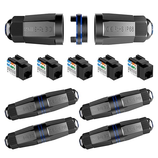 VCELINK CAT6 Shielded Waterproof Ethernet Coupler IP68 – Supports PoE and Outdoor use, 90 Degree Punch Down Keystone Jack Adapter Slim Profile Black-UL Listed, 5 Pack