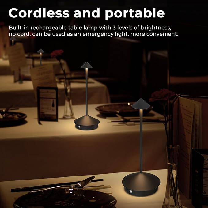 2 Pack Cordless Table Lamp, 6000mAh Rechargeable Battery Operated Desk Lamp, Portable Table Light,3 Color Stepless Dimming Up,for Restaurant, Bedroom, Patio，Outdoor Camping, Coffee Shop, Night Light