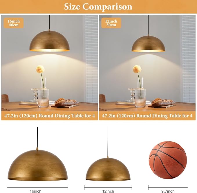 16" Dome Gold Pendant Light, Farmhouse Pendant Lights for Kitchen Island, Modern Adjustable Hanging Lamp for Dining Room Living Room Hallway Cafe Bar 2 Pack