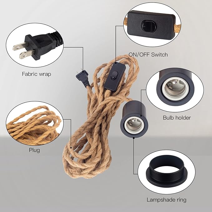 Pendant Light with Plug in Cord Hanging Vintage Hemp Rope Swag Lamp Kit Twisted Lantern Cords with Switch Replacement Industrial Farmhouse DIY Fixtures Porcelain Socket Set Black Holder 15ft 2Pack