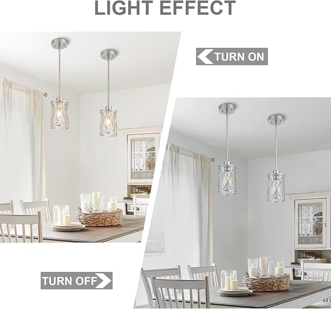 Refice Glass Pendant Lights Kitchen Island, Brushed Nickel Kitchen Hanging Light with Clear Glass, Farmhouse Cage Mini Pendant Lighting for Sink Dining Room Bedroom Bar, 3 Pack