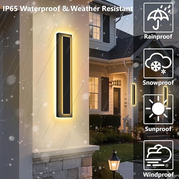 Picico 2pcs 24in Modern LED Outdoor Wall Lights, Dimmable Black Exterior Wall Sconce Lighting Fixtures, Rectangular Mini Outdoor Garage Lights, 360° Beam Angle,Vertical Outdoor Lights for House Porch