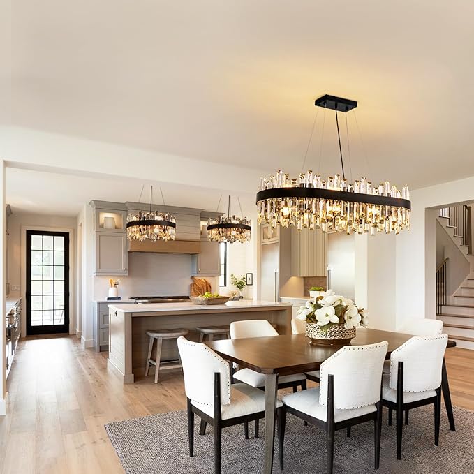 Siljoy Modern Crystal Chandelier Luxury Black 2-Tiers Raindrop Chandelier Adjustable Oval K9 Crystal Ceiling Light Fixture for Dining Room Kitchen Island Bar L35.4'' x W15.7'' x H9.8'', E12 x 16